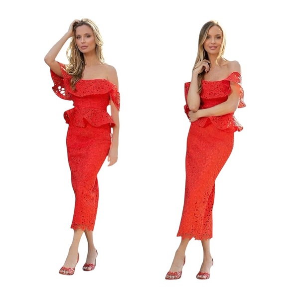 Muse by Marchesa Amaryllis Lace Off-The-
Shoulder Midi Red Dress Size 0 - Picture 1 of 9